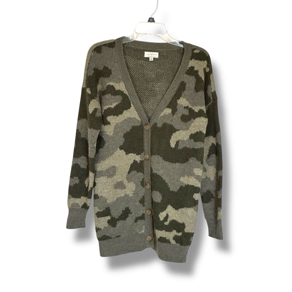 Lucky Brand Cardigan Sweater Women's S Green Camouflage Knit V-Neck Wool Blend